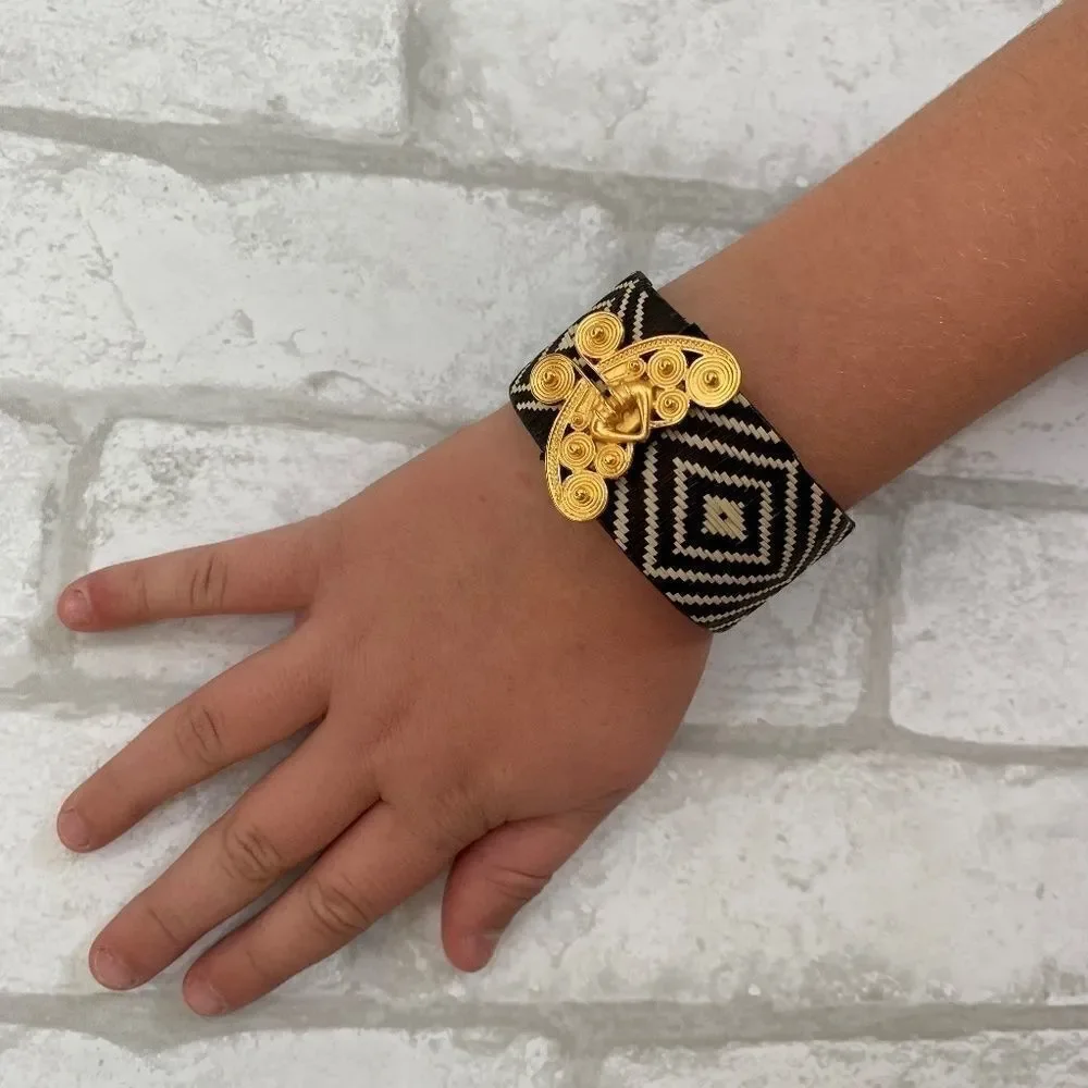 ‎Black/cream/gold Aztec print cuff bracelet